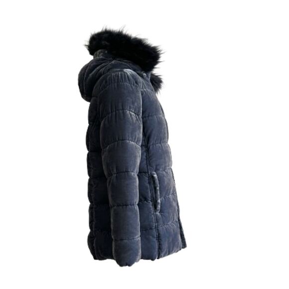Loft Blue Faux Fur Detachable Hood Crushed Velvet Puffer Quilted Coat Small - Picture 7 of 13